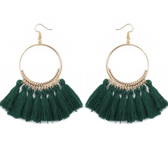 Francesca's Boho Emerald Green Hoop Tassel Earrings - Picture 2 of 4
